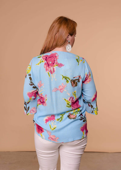 Staccato Dressy Wrap Front Floral Print Blouse - Turquoise & Fuschia