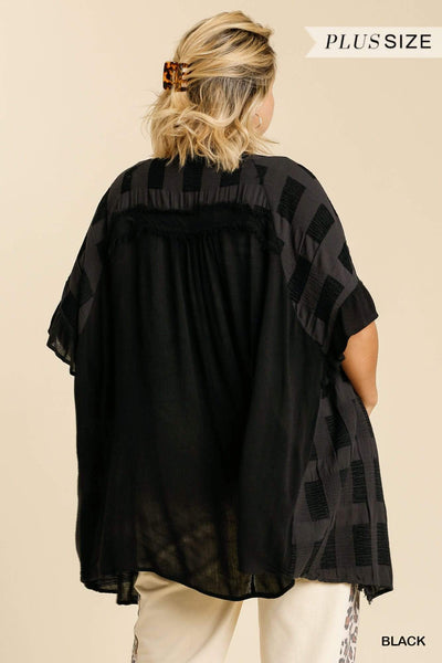 Umgee Cardigan Amy Textured Half Sleeve Kimono With Frayed Edge - Black