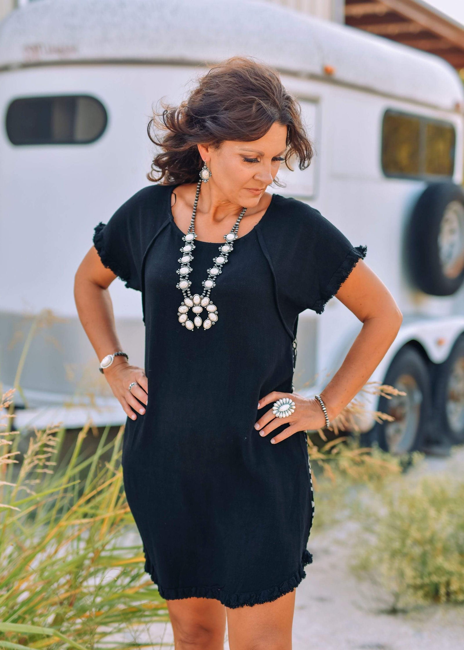 Umgee Dresses Black Dress with Print Back