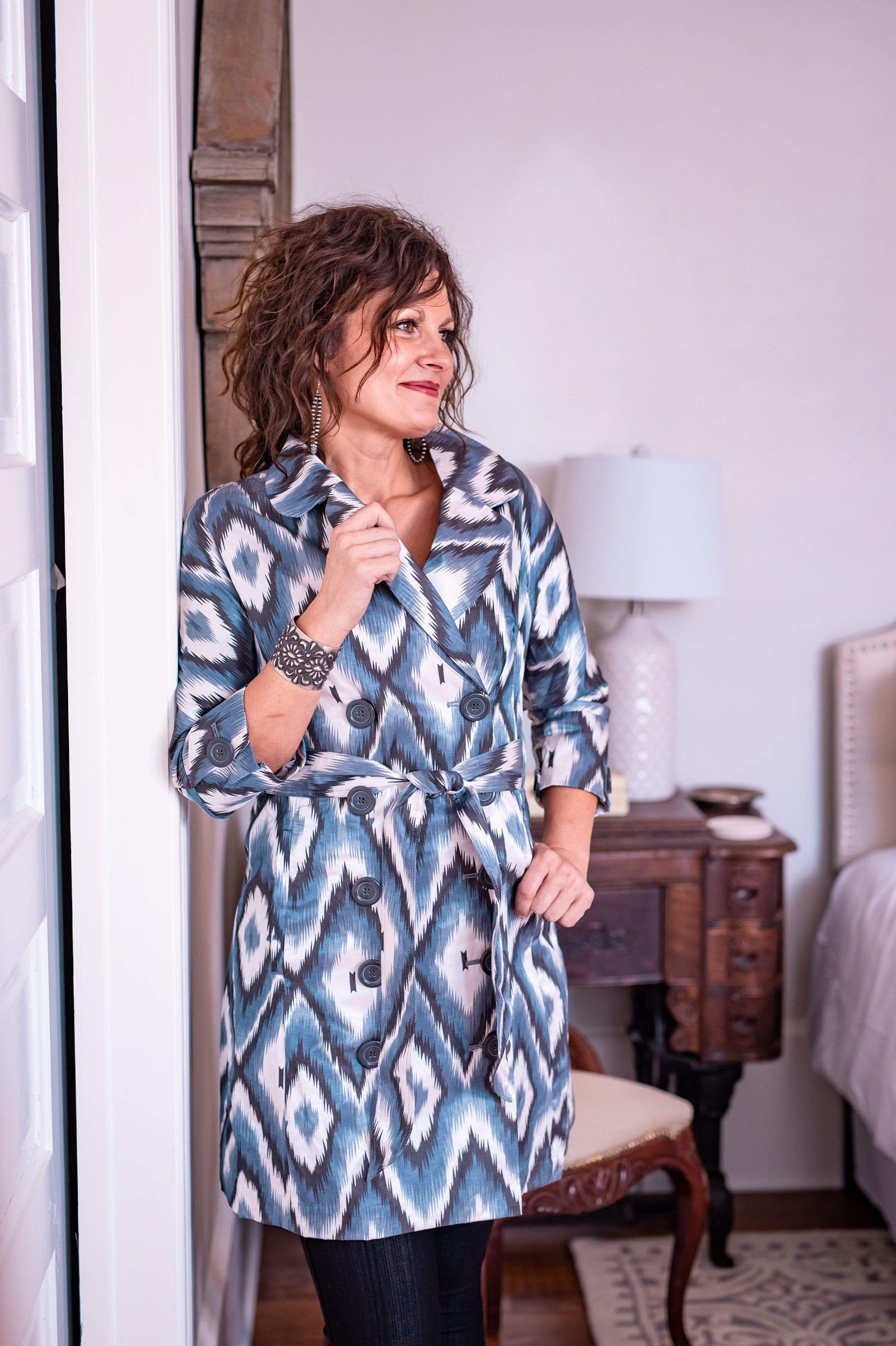 Vertigo Jackets Marilyn Button Trench Jacket - Ikat Eye