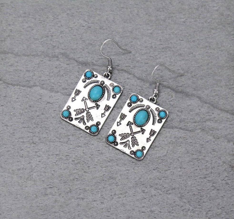stamped rectangle earrings turquoise stones arrow